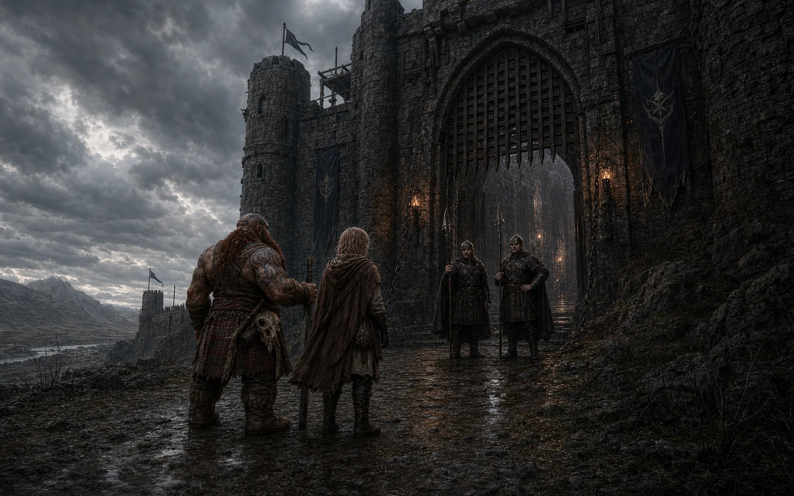 Fit Stonebeard and Harvey Porter parleying with guards at the monumental gate of the Keep