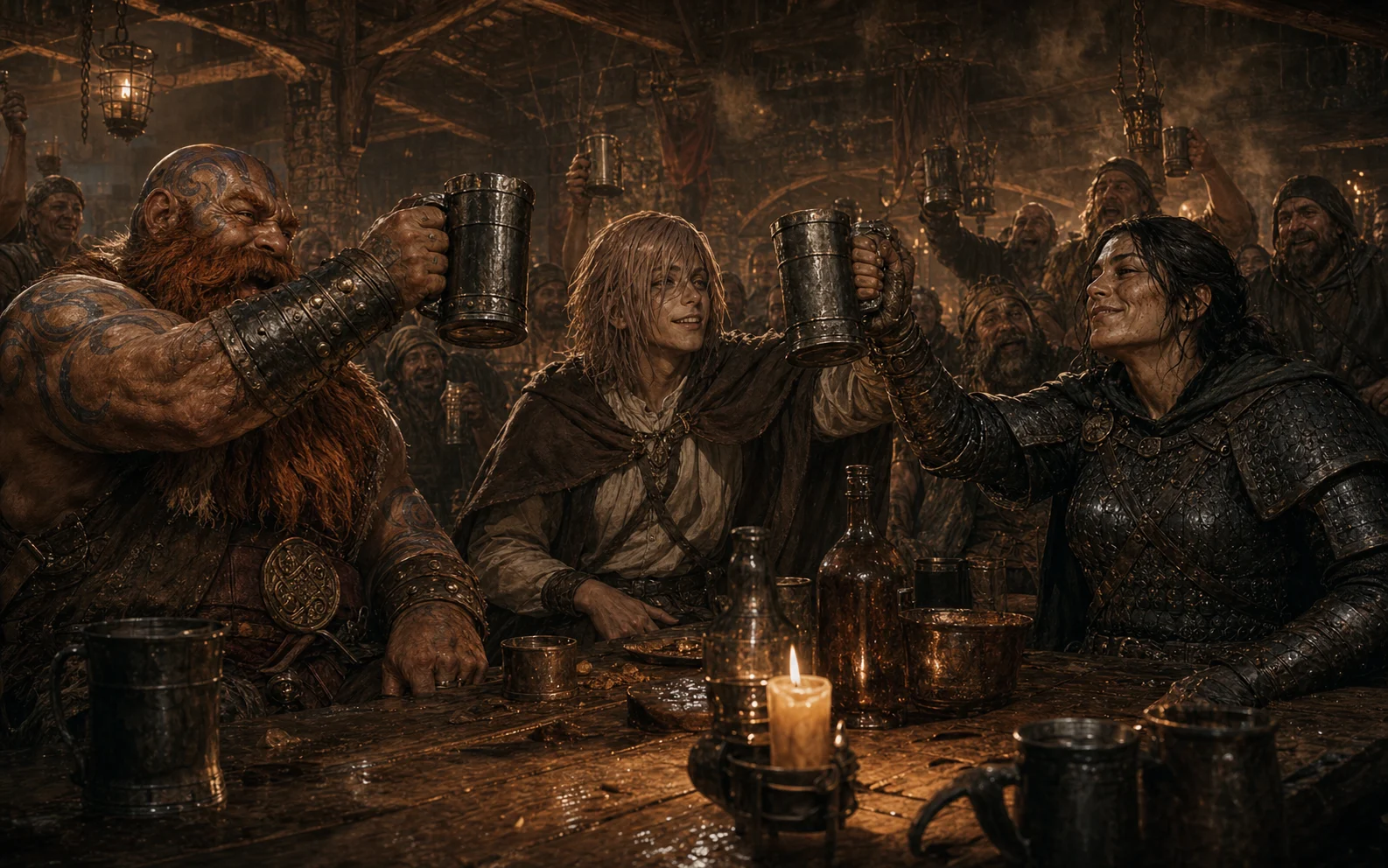 Fit and Harvey raising tankards against Captain Andrella in a crowded firelit tavern