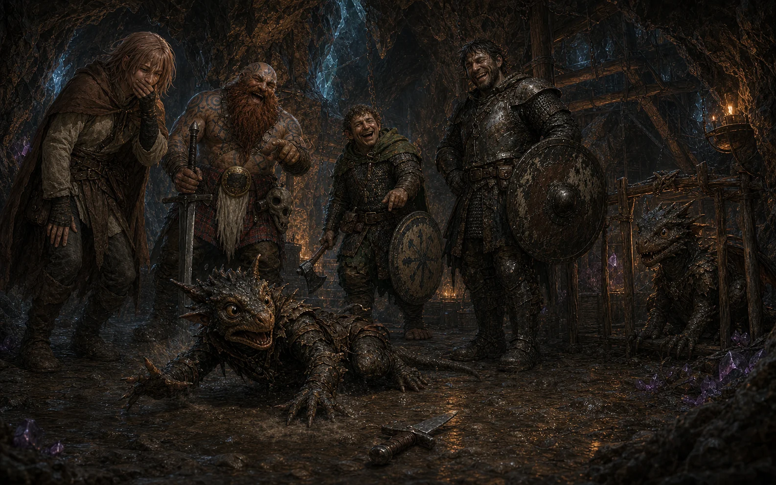 Kobe slipping after a failed backstab while the four adventurers laugh beside a captive dragon hatchling