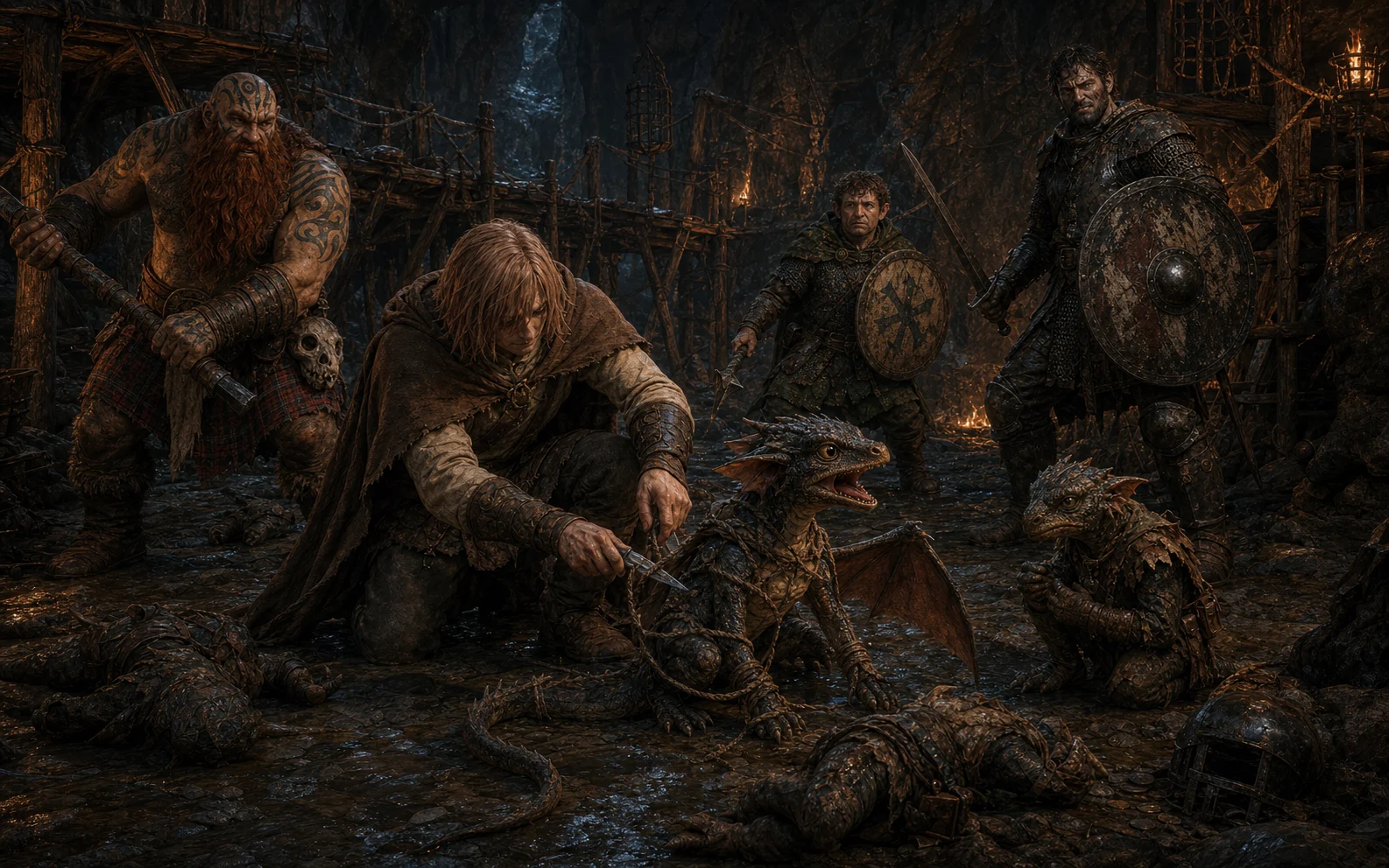 Harvey cutting a dragon hatchling free while Fit, Norman and Bartho stand among defeated kobolds