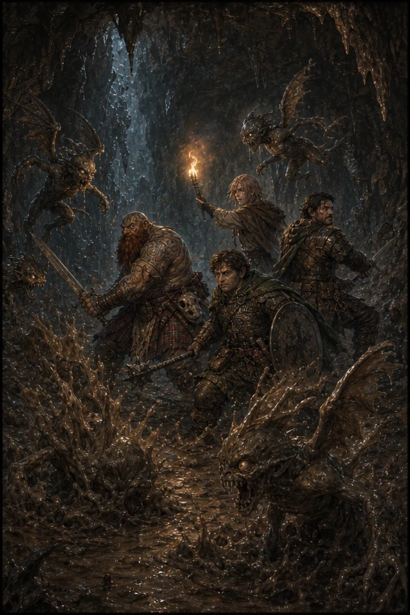 Fit, Harvey, Norman and Bartho fighting mud mephits in a dripping cavern