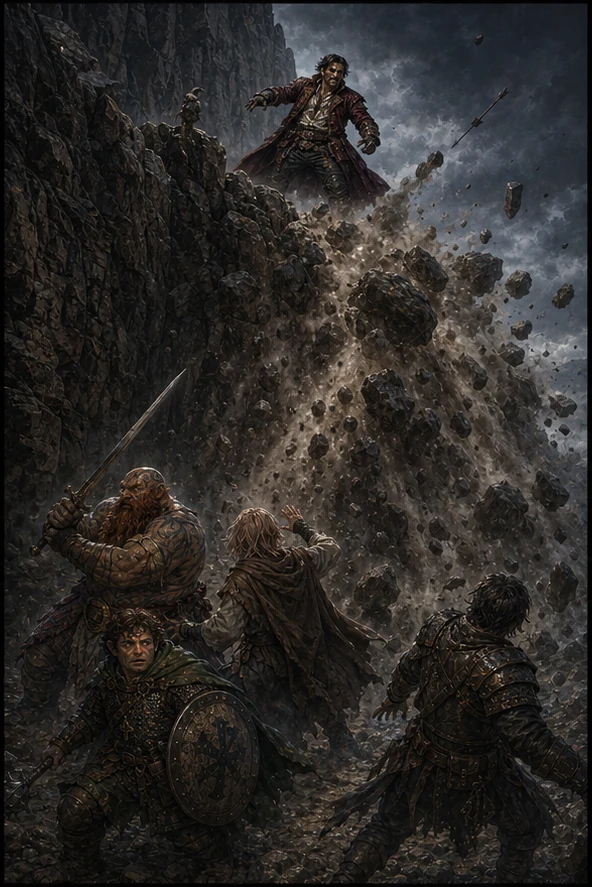 Praal above a collapsing cliff while Fit, Harvey, Norman and Bartho face the avalanche