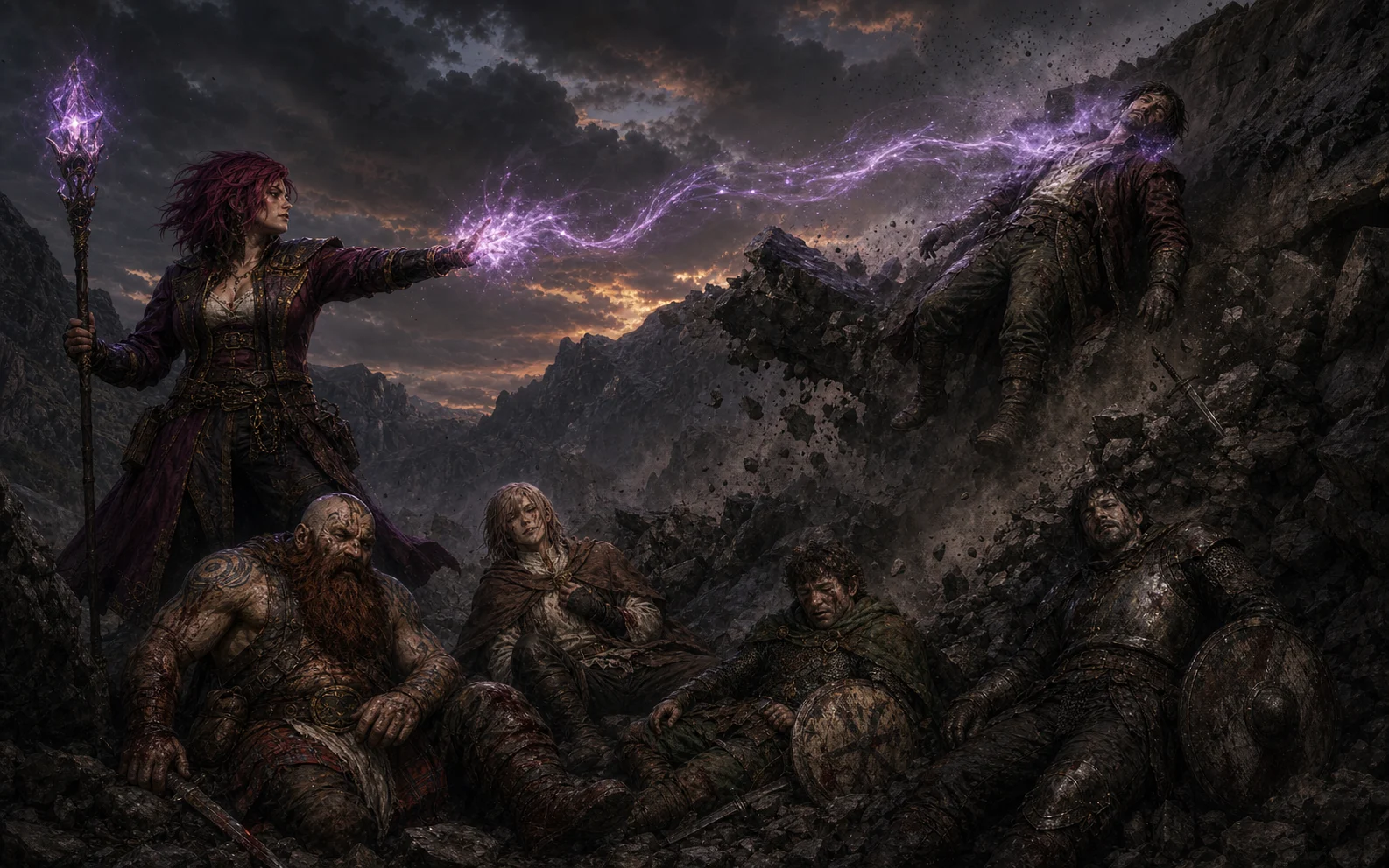 Naomi casting violet sleep magic at Praal while all four wounded companions shelter below