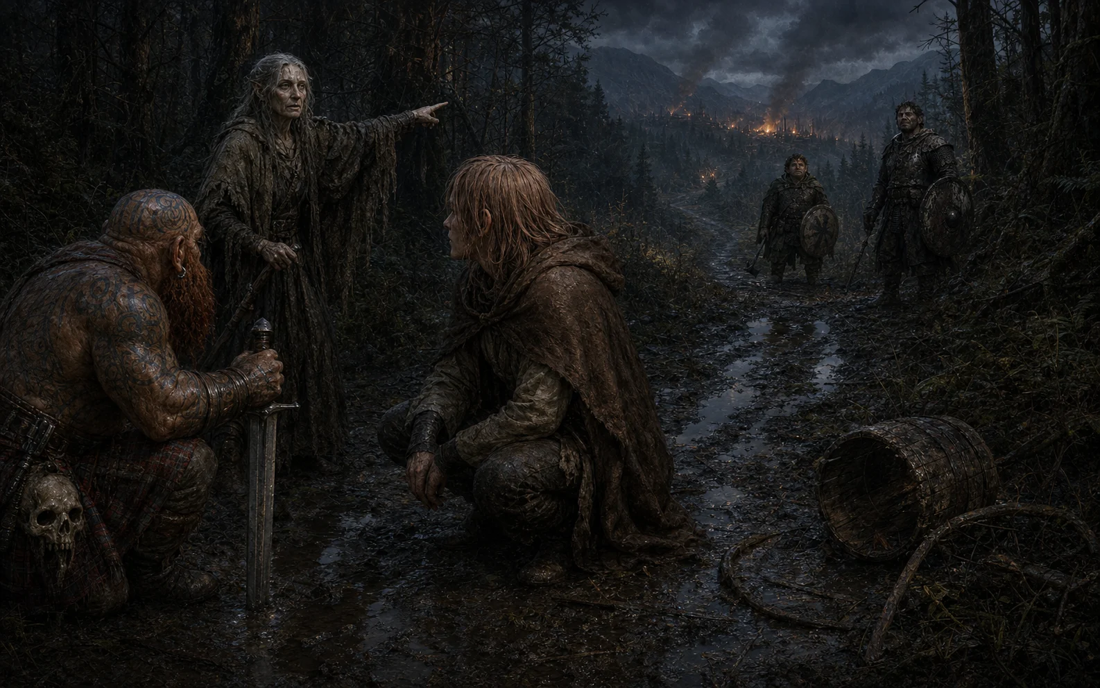 Xanthe directing Fit and Harvey toward a cult camp beyond her forest refuge