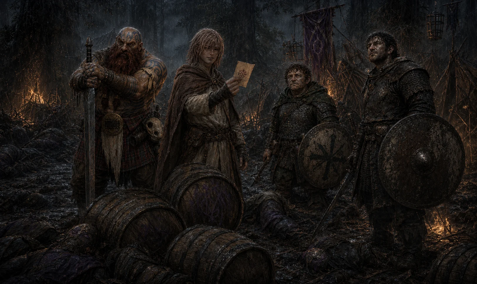 The four adventurers discovering Praal’s note in a defeated cult camp beside whiskey barrels