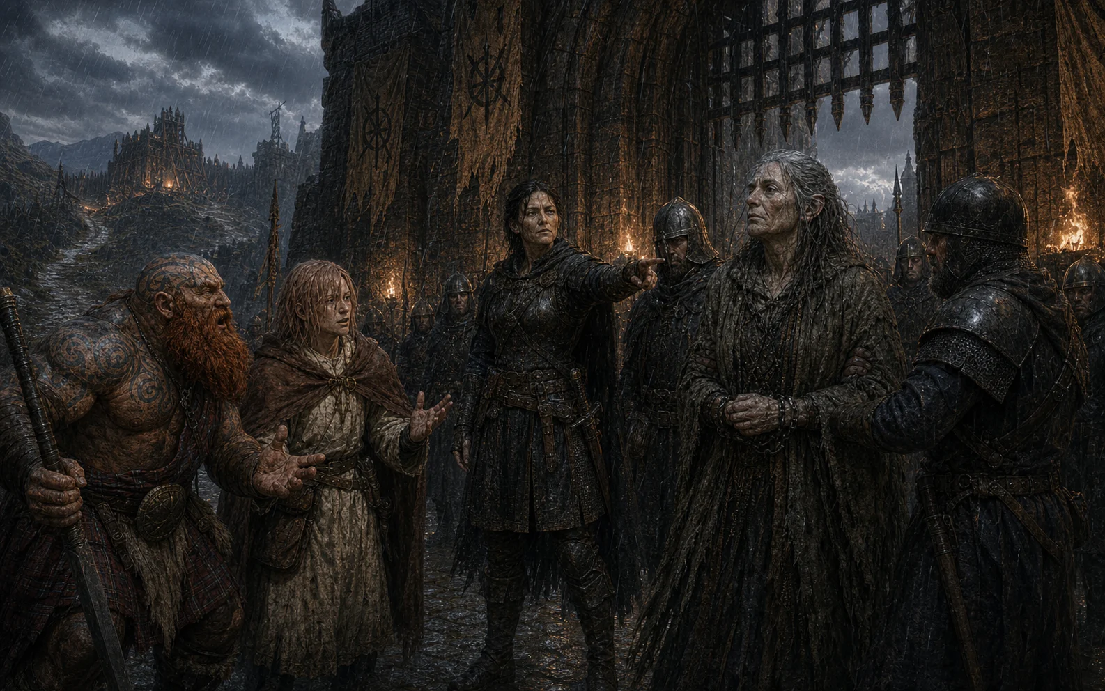 Captain Andrella reluctantly arresting Xanthe at the Keep gate as Fit and Harvey protest