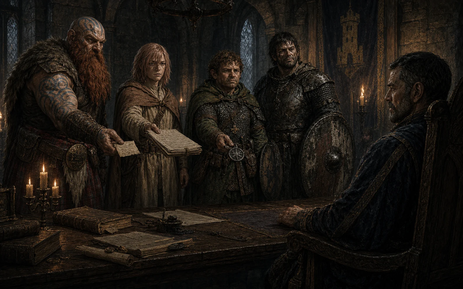 The four adventurers petitioning Castellan Winvarl with the evidence against Praal