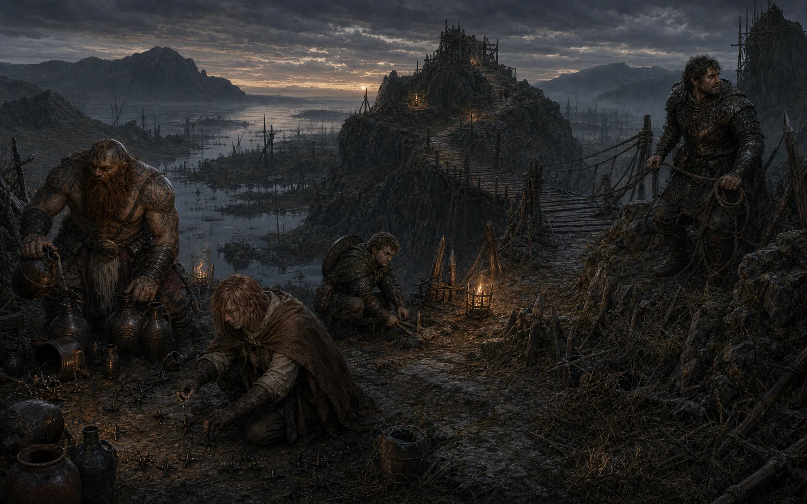 Fit, Harvey, Norman and Bartho preparing oil traps and caltrops at a swamp rendezvous