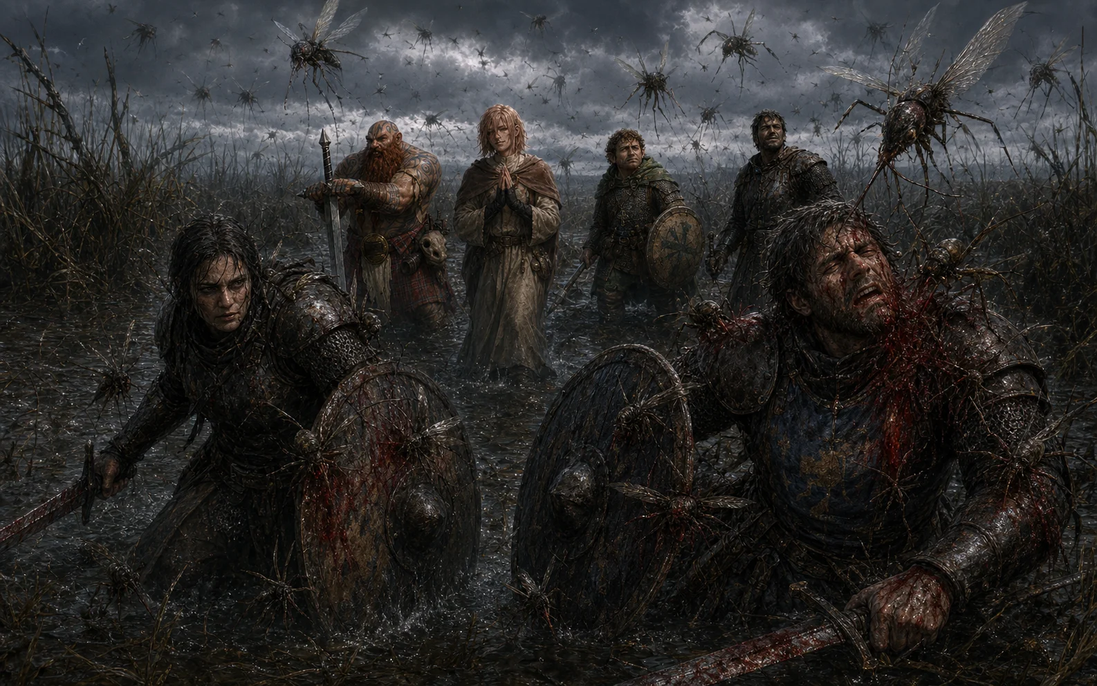 Stirges swarming the party and two keep guards in the fens