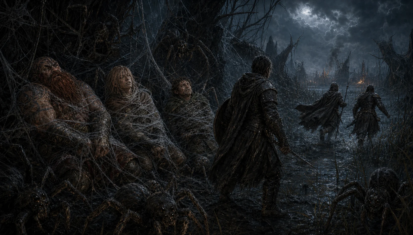Two keep guards fleeing while giant spiders web the adventurers