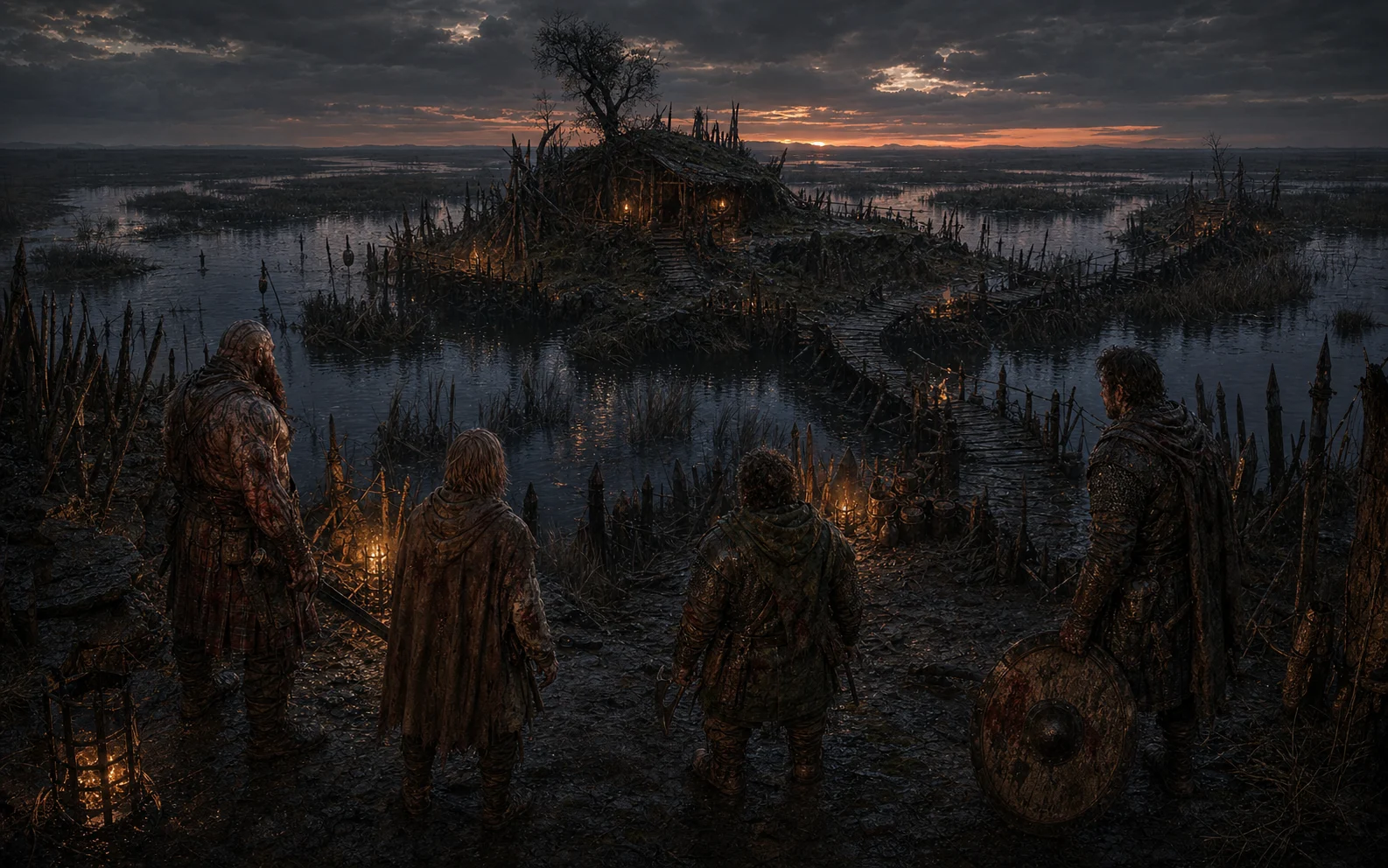 Fit, Harvey, Norman and Bartho looking across the prepared fen meeting point at dusk