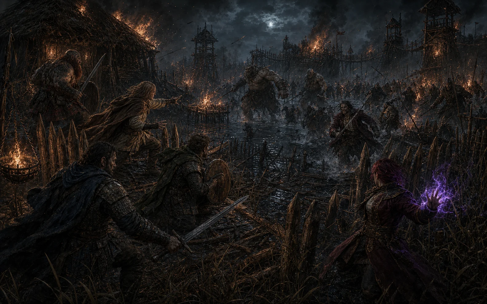 The full party fighting Praal, Shannik, ogres and bandits across burning bridges in the fens