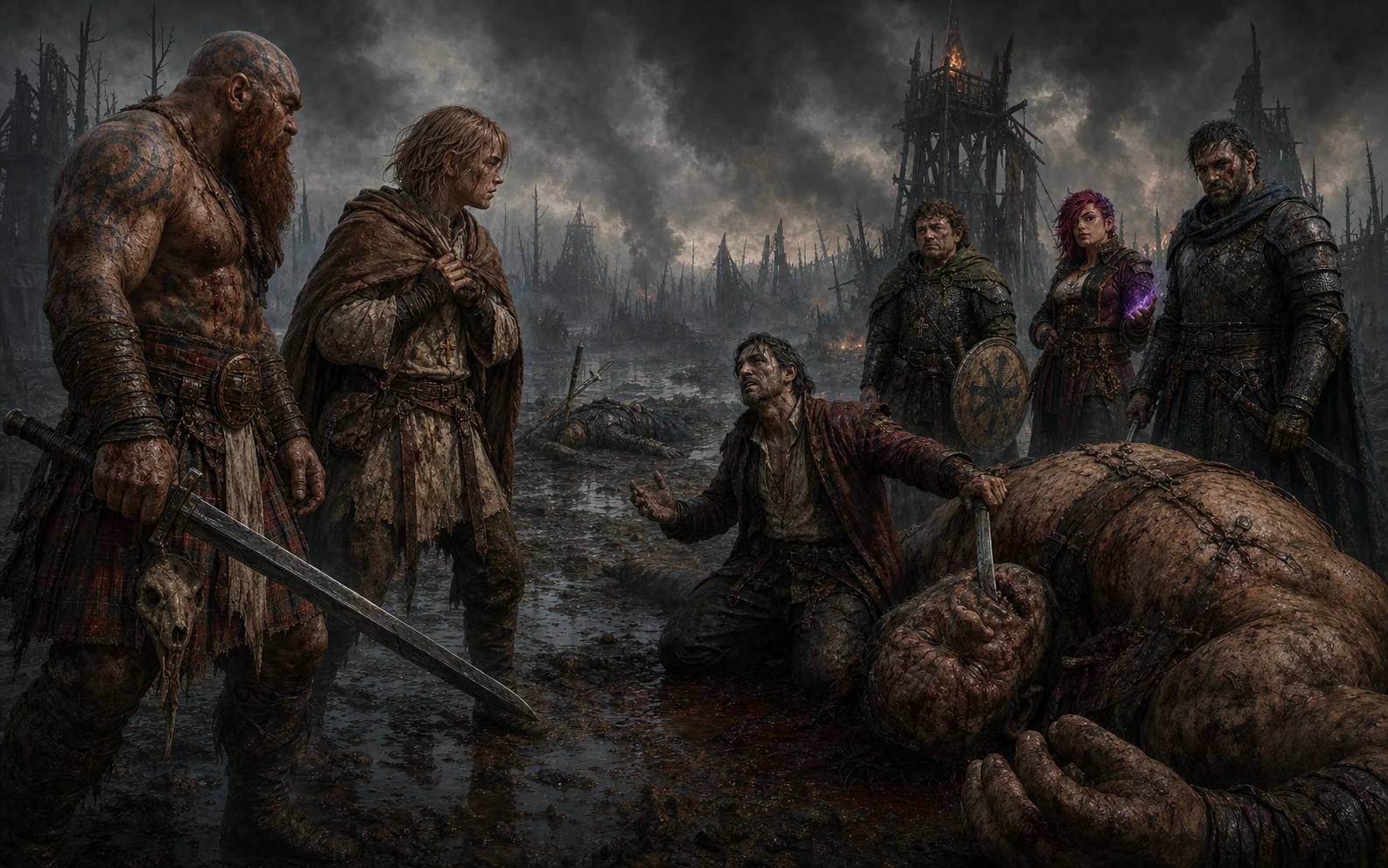 Praal begging and striking his own fallen ogre while the party surrounds him