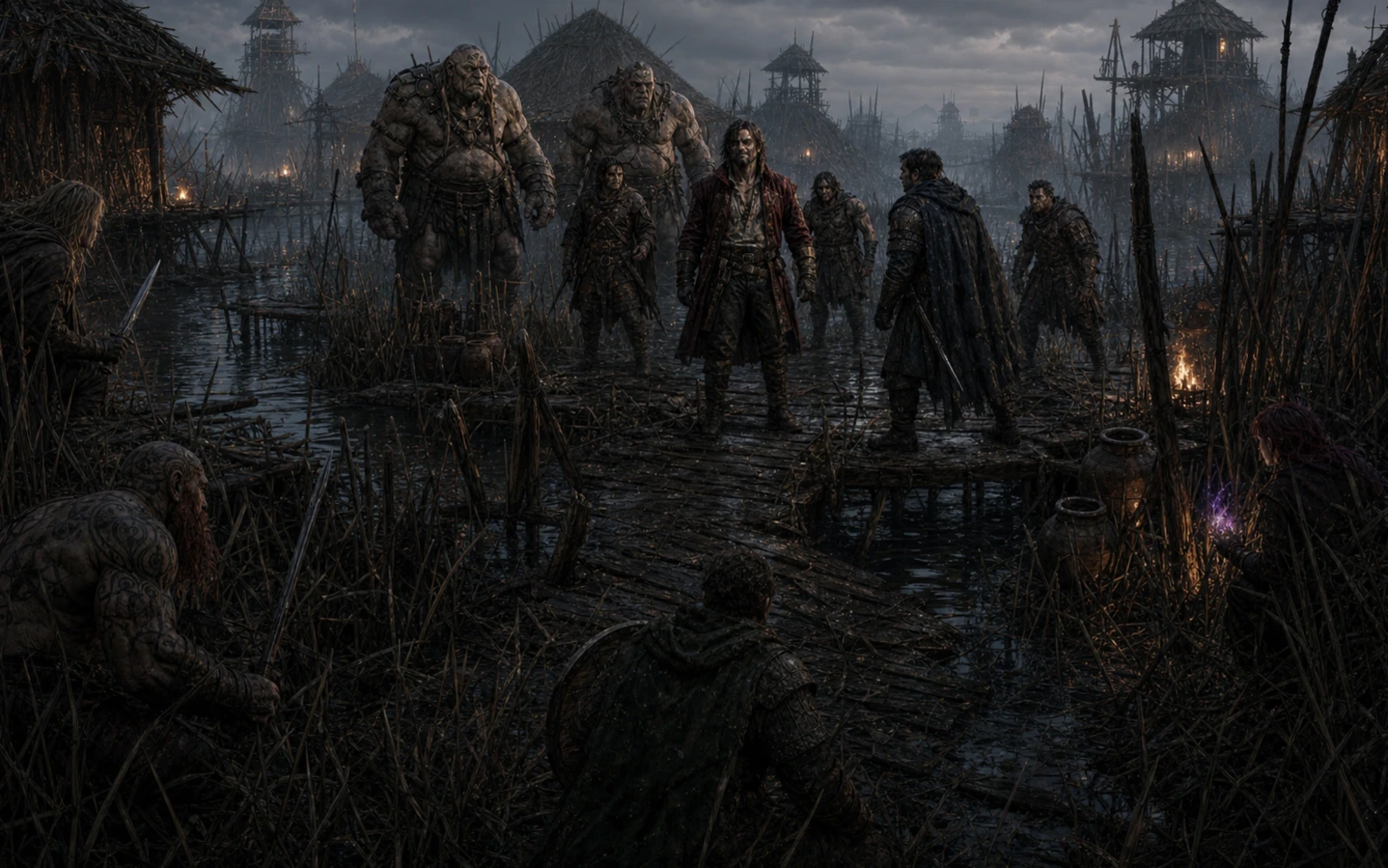 Praal arriving with two ogres and four bandits as Shannik meets him at the fen rendezvous