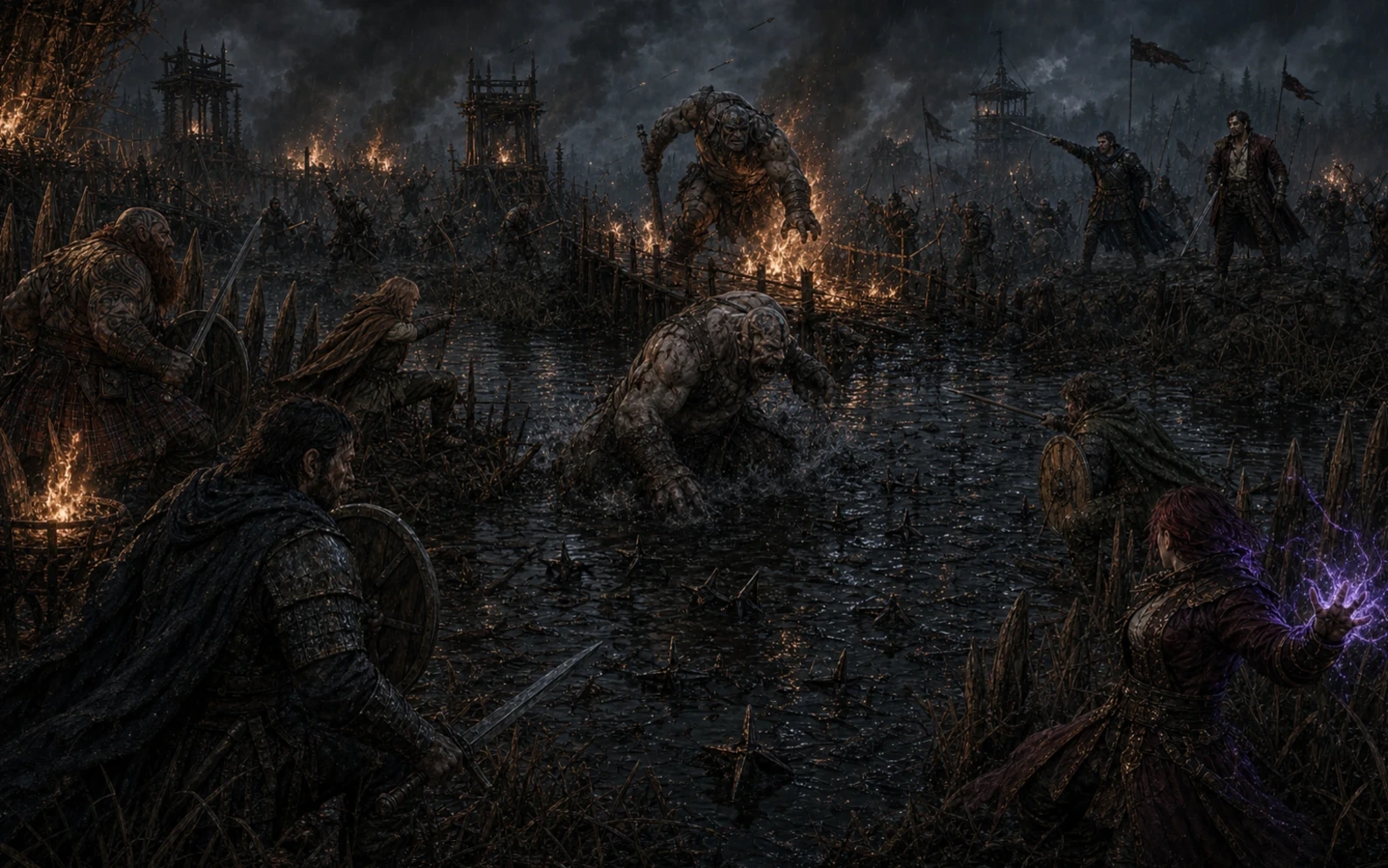 Ogres struggling through deep fen water and caltrops while the party holds burning island approaches