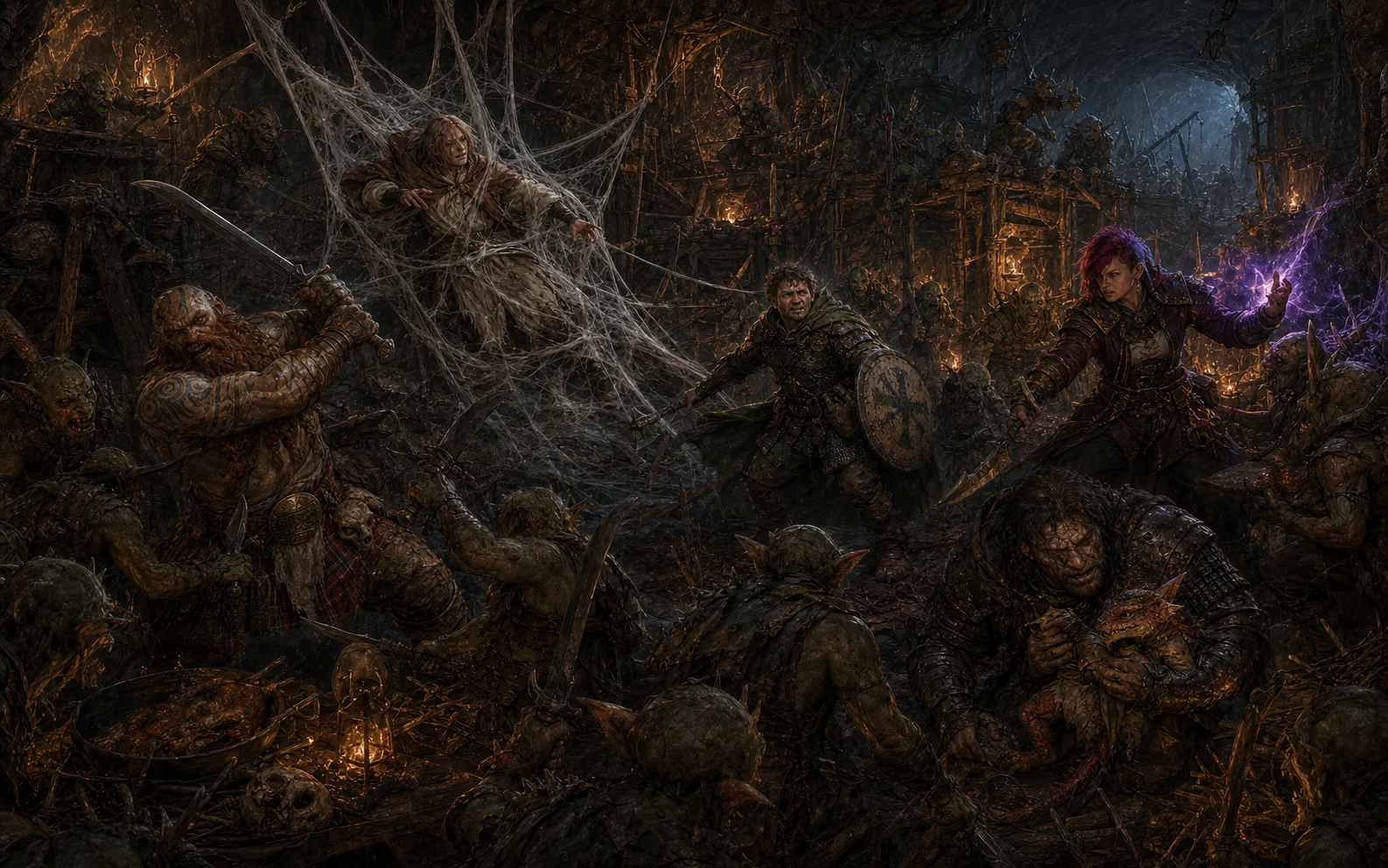 The party rescuing webbed Harvey and Vinx while a goblin party erupts into chaos