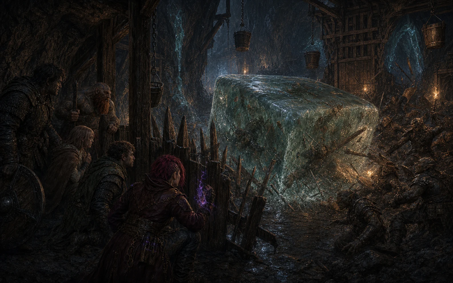A gelatinous cube rolling through opened barricades into terrified hobgoblins as the party watches
