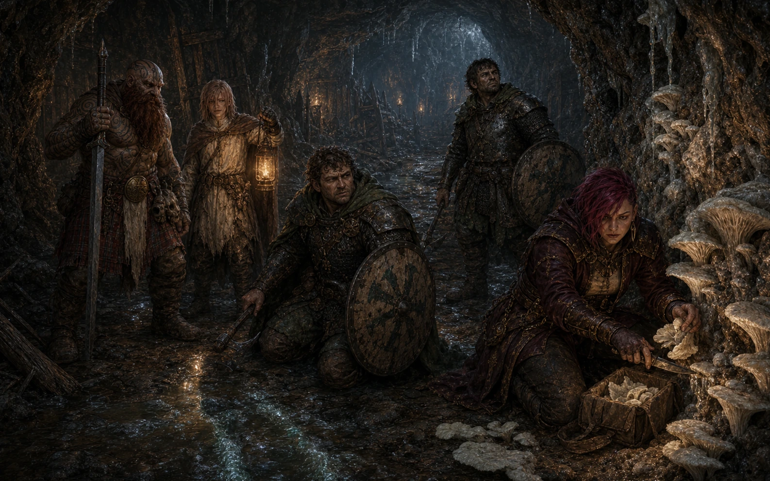 Naomi harvesting rare pale fungus while the party keeps watch in the cleared depths of Cave F