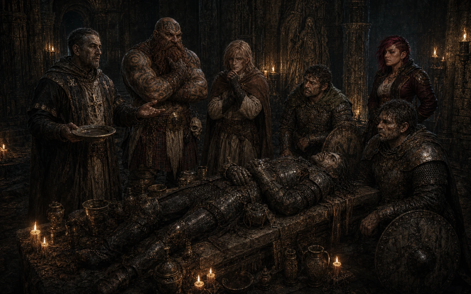 Fazzir showing the party the empty ritual dish beside Shannik’s corpse in the Keep temple crypt