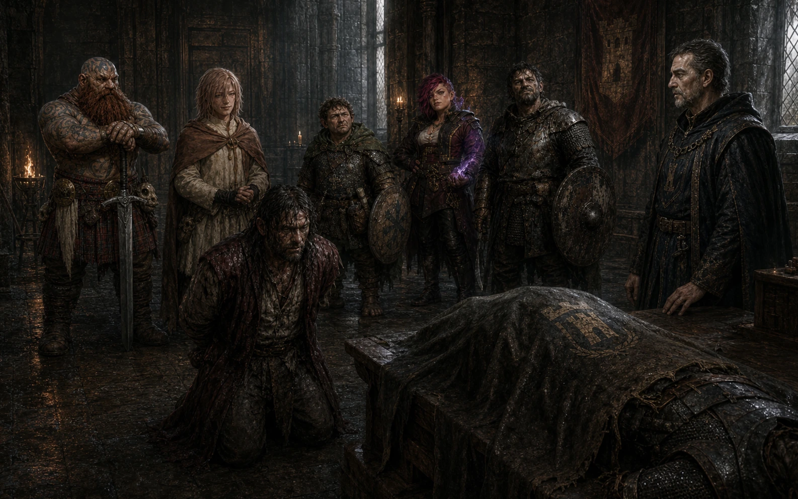 The party presenting captive Praal and Shannik’s covered body to Castellan Winvarl