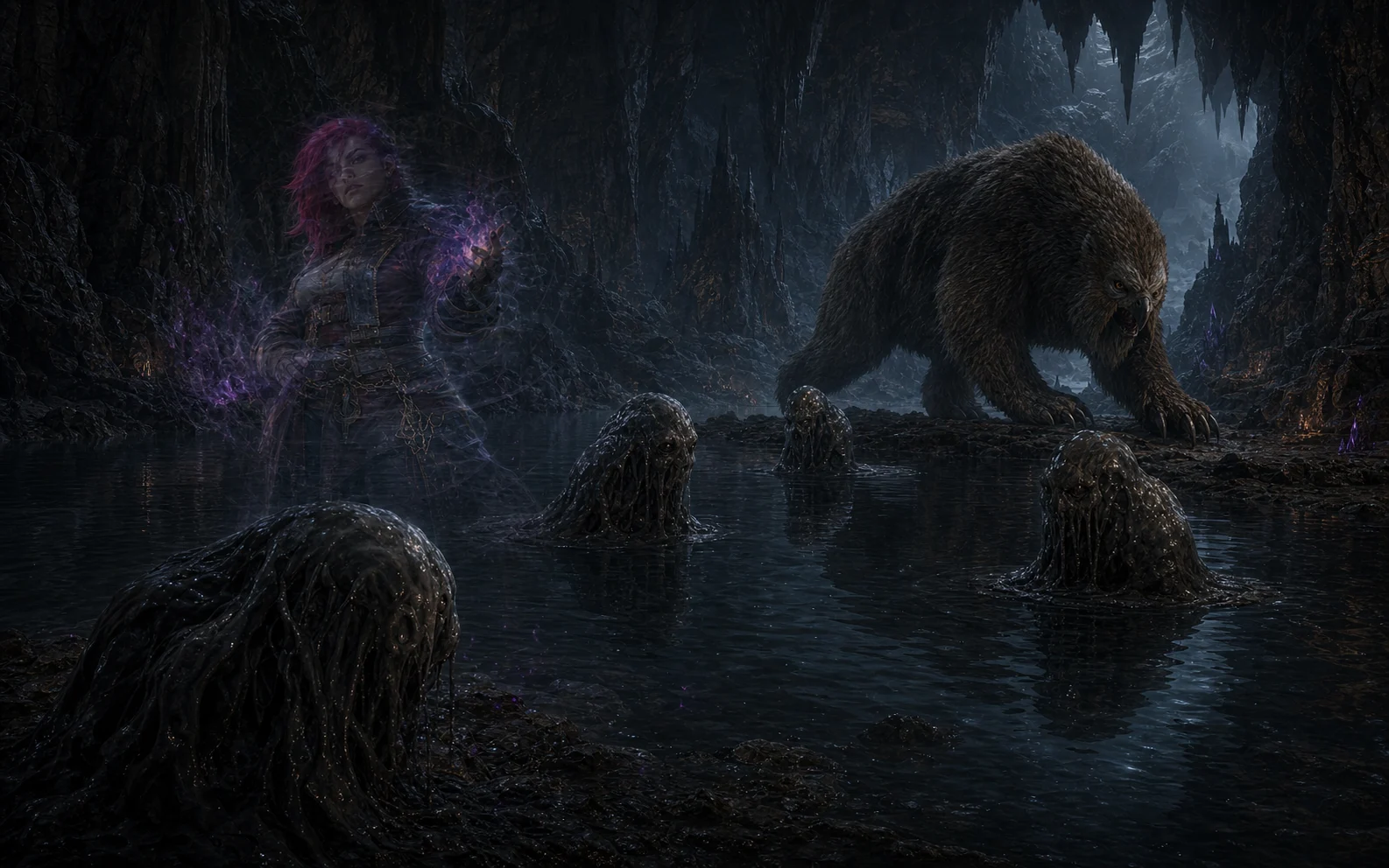 Invisible Naomi scouting grey oozes and an owlbear beside an underground lake