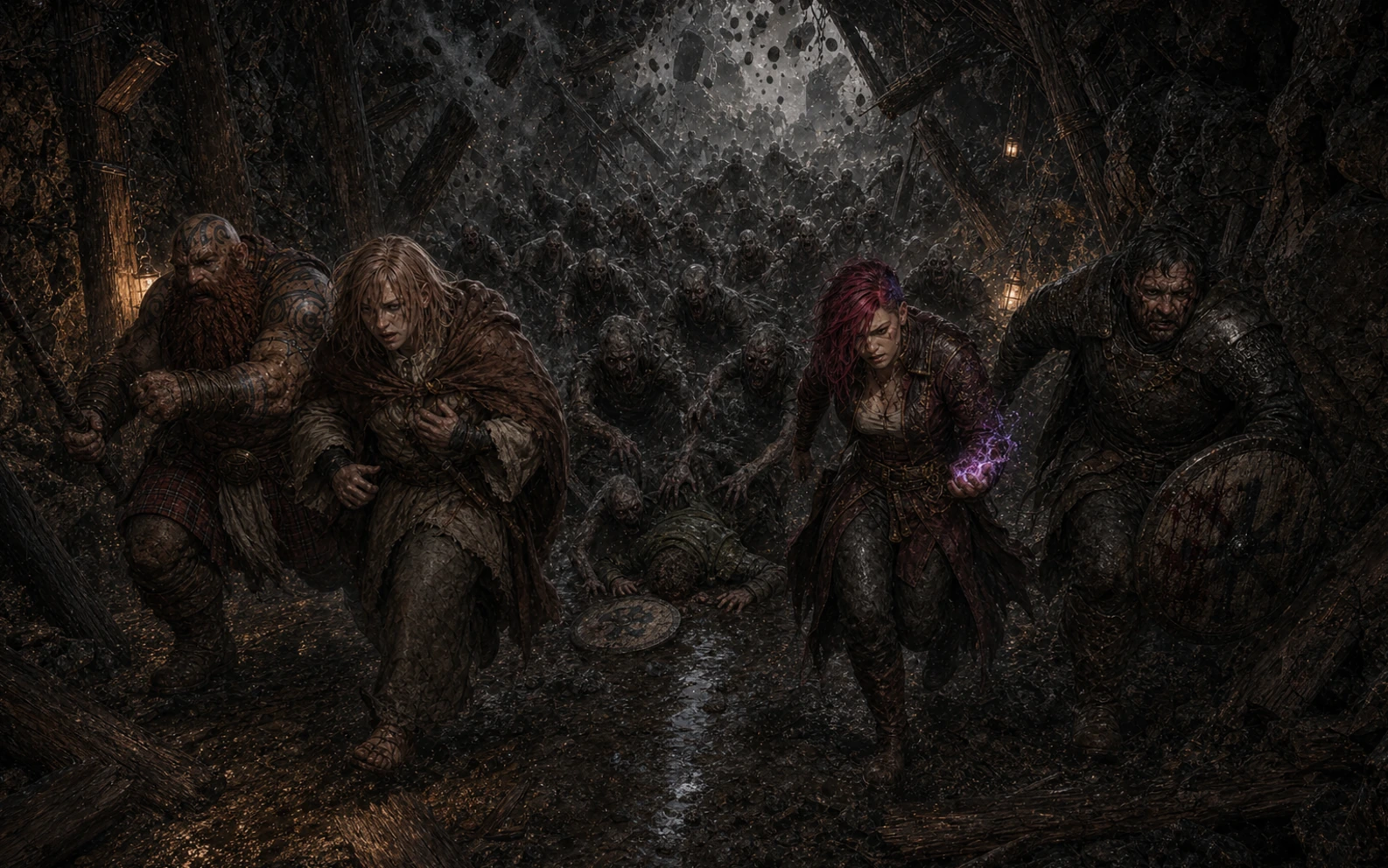 Fit, Harvey, Naomi and Bartho fleeing as zombies swarm the fallen Norman face down beside the black lake