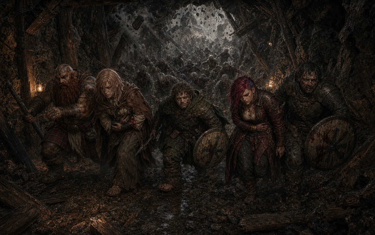 The exhausted party fleeing an enormous zombie horde beside the underground lake