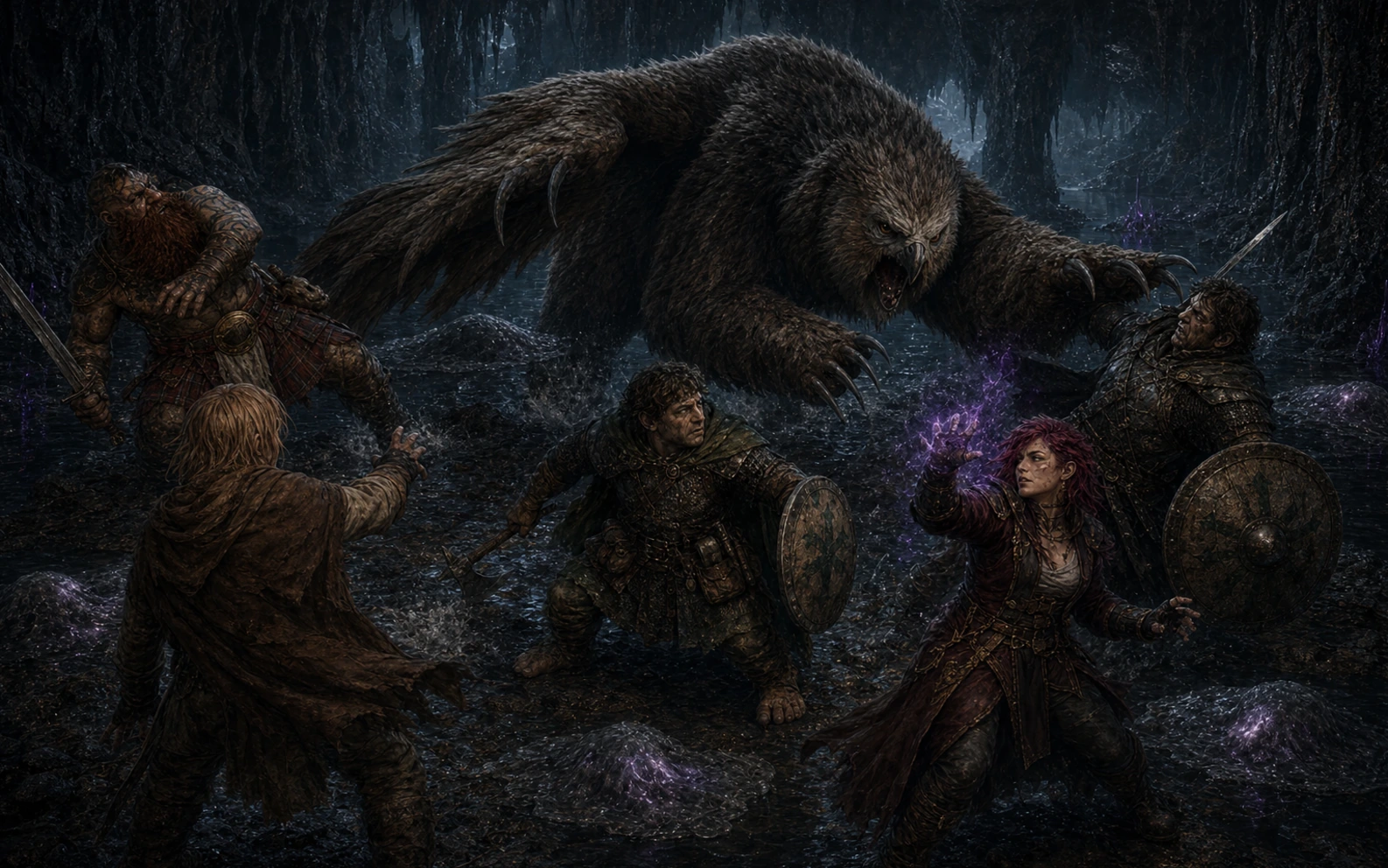 A huge owlbear crashing into the wounded party beside the remains of four grey oozes