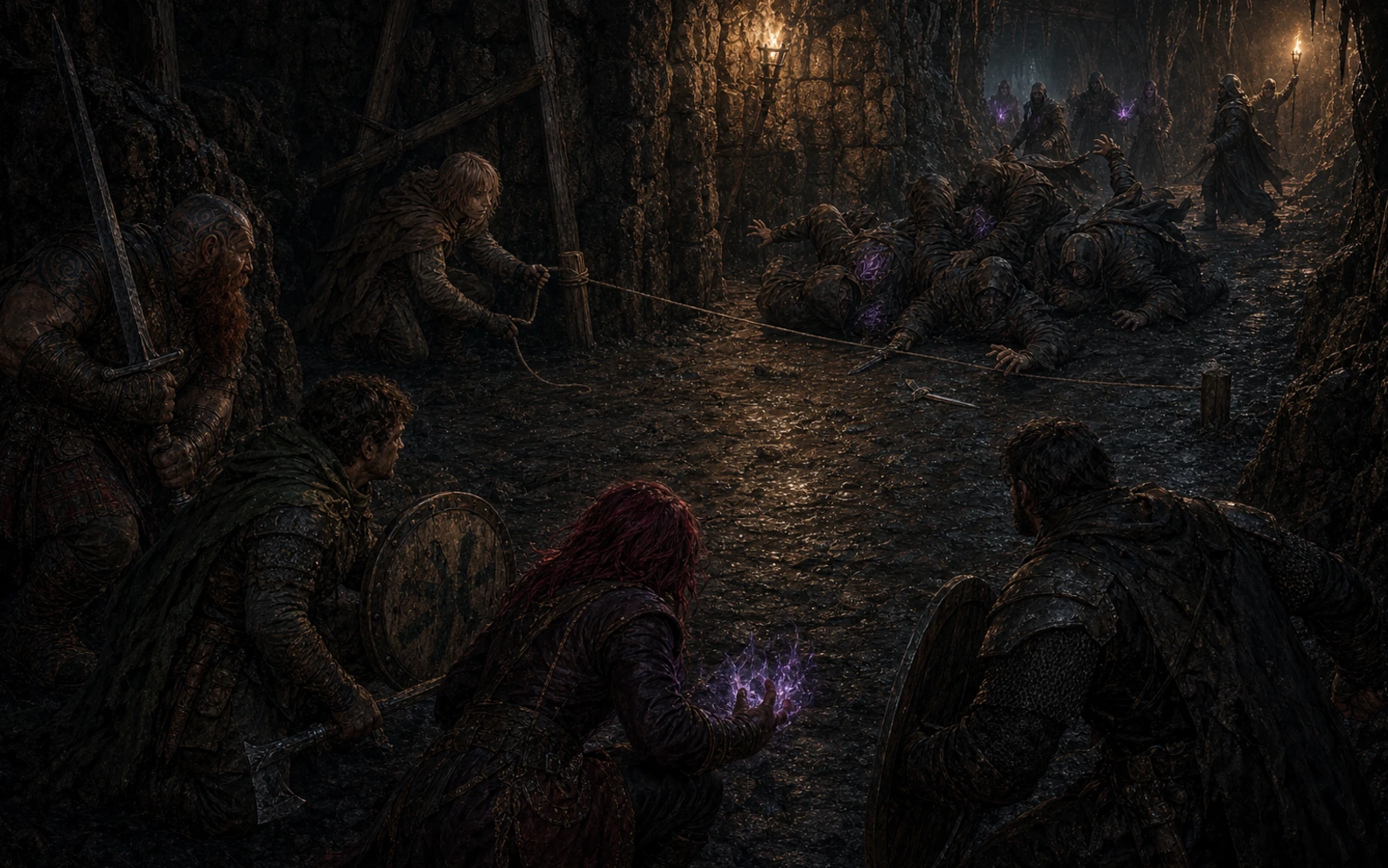Cultists tumbling over a trip rope while the party waits in ambush around a blind cave corner