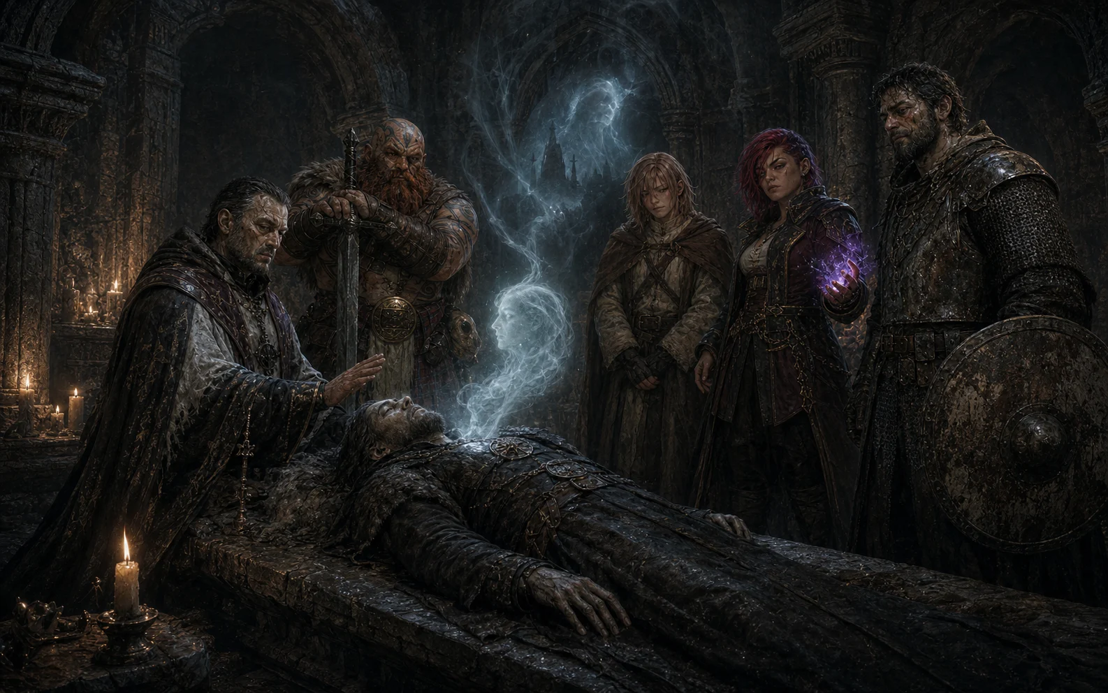 Fazzir performing Speak with Dead over Shannik’s corpse as the party watches