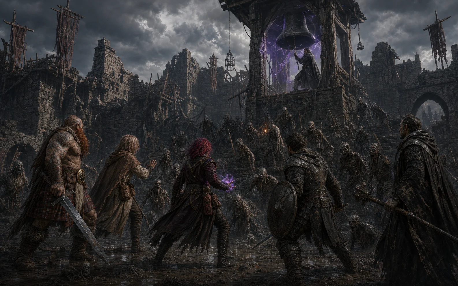 Narthus ringing a black altar bell while skeletons and zombies rise around the party