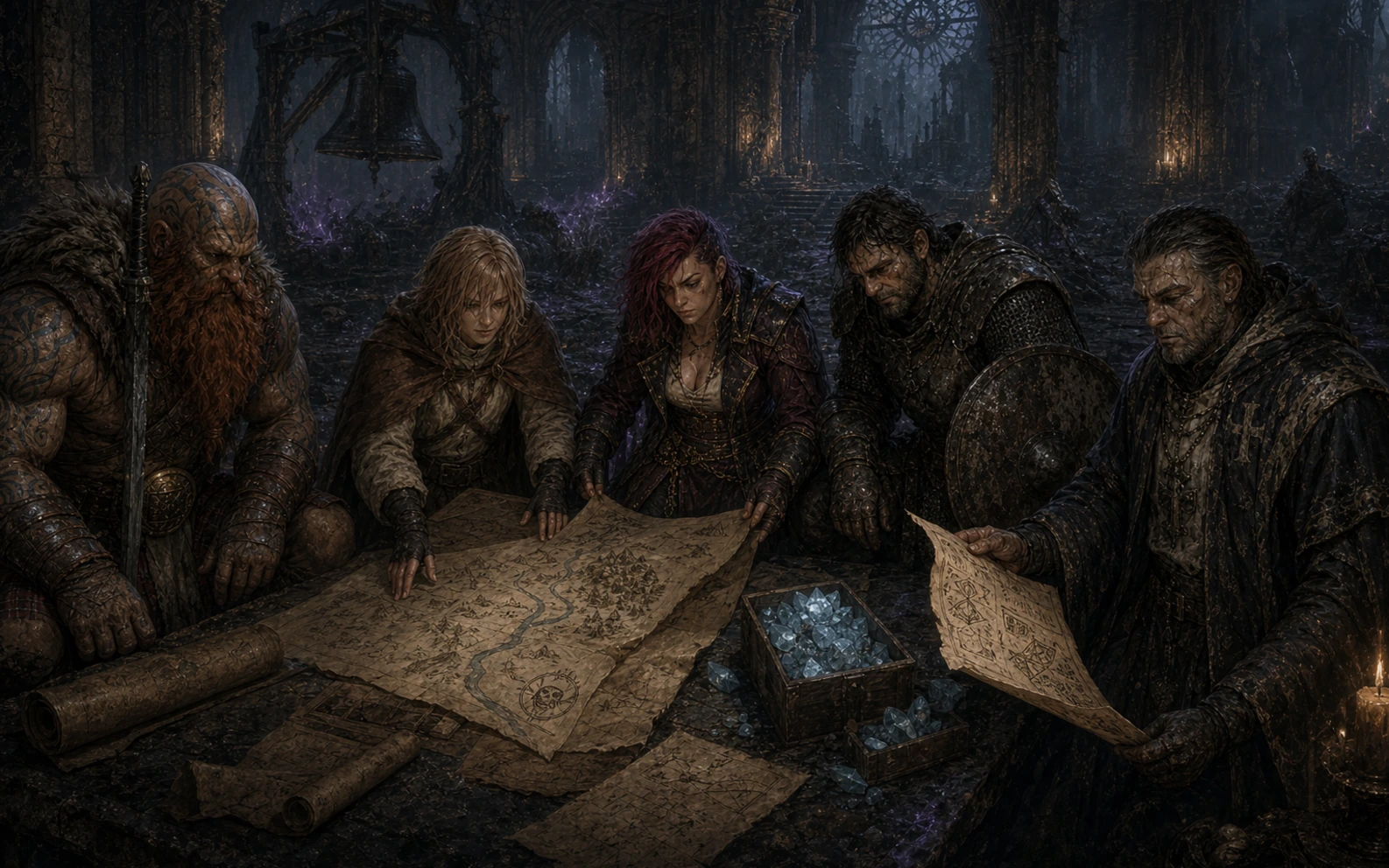The five survivors studying a kobold-village map and pale mineral samples in the ruined shrine