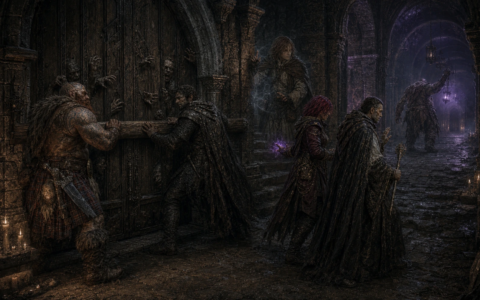 The party barring cultists inside a chapel while an ogre zombie is lured away through the Shrine