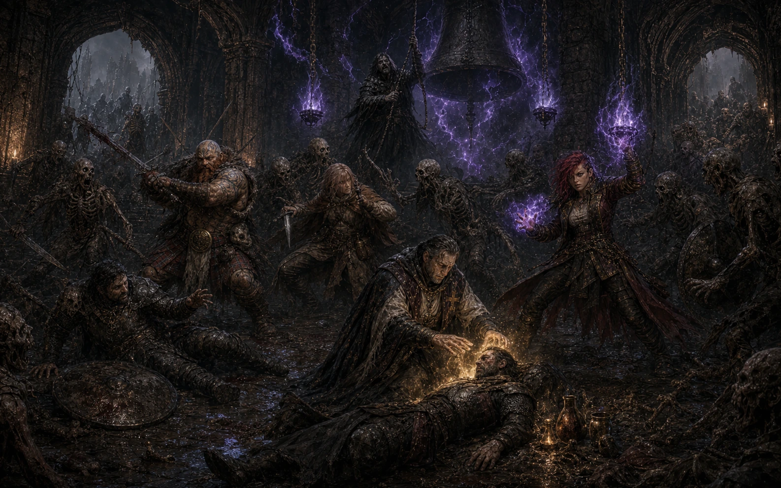 Fazzir reviving a fallen companion while Narthus and waves of undead overwhelm the shrine chamber