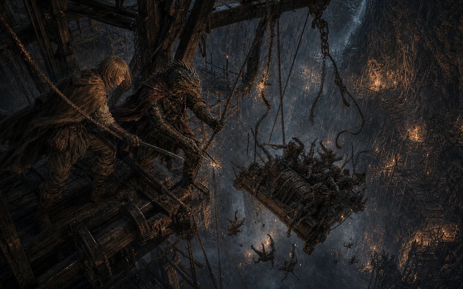 Harvey and Kobe severing the mining crane cables above the Skarn Hollow chasm