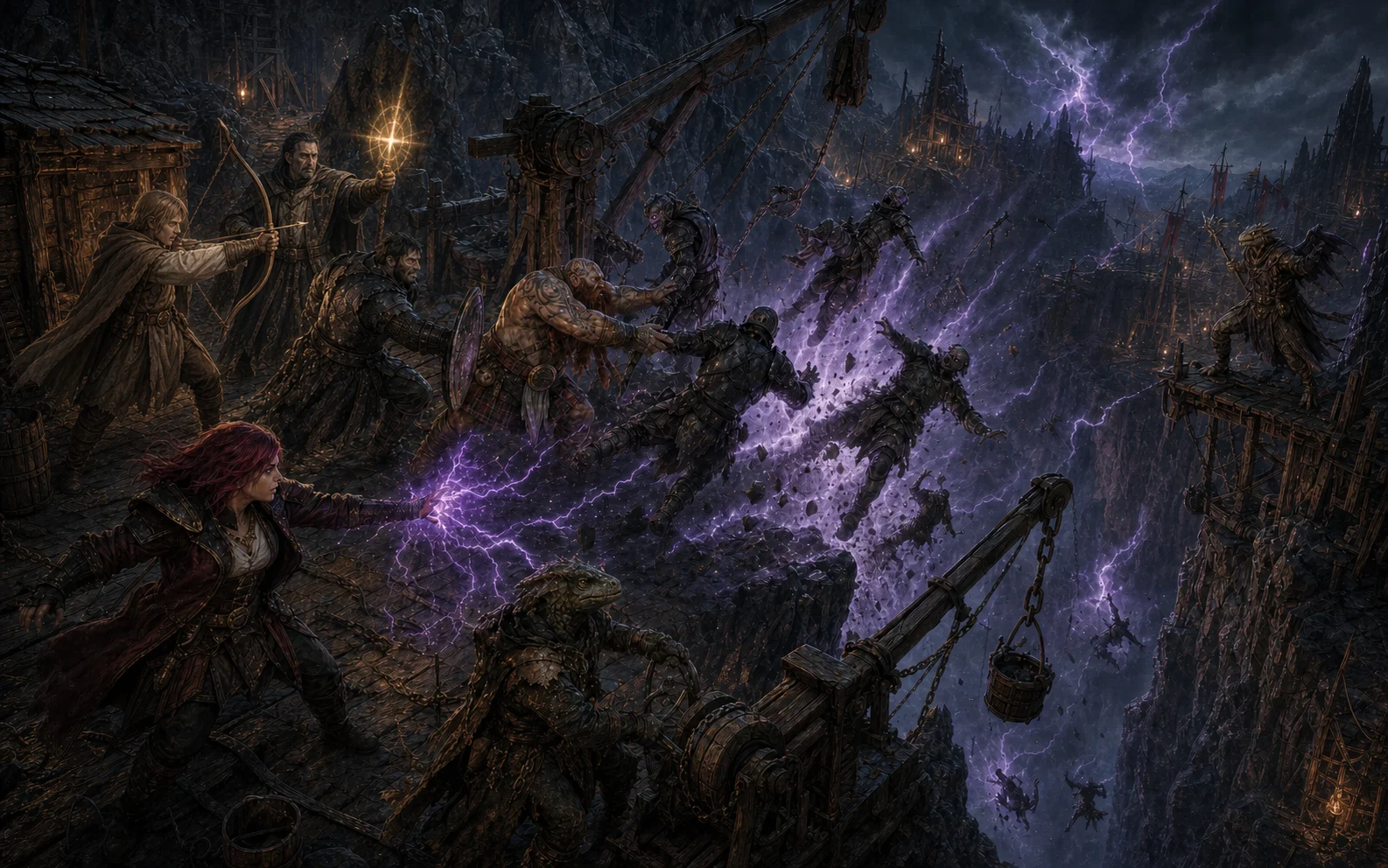 Naomi blasting soldiers into the Skarn Hollow chasm while Fit and Bartho hold the edge against Vekt