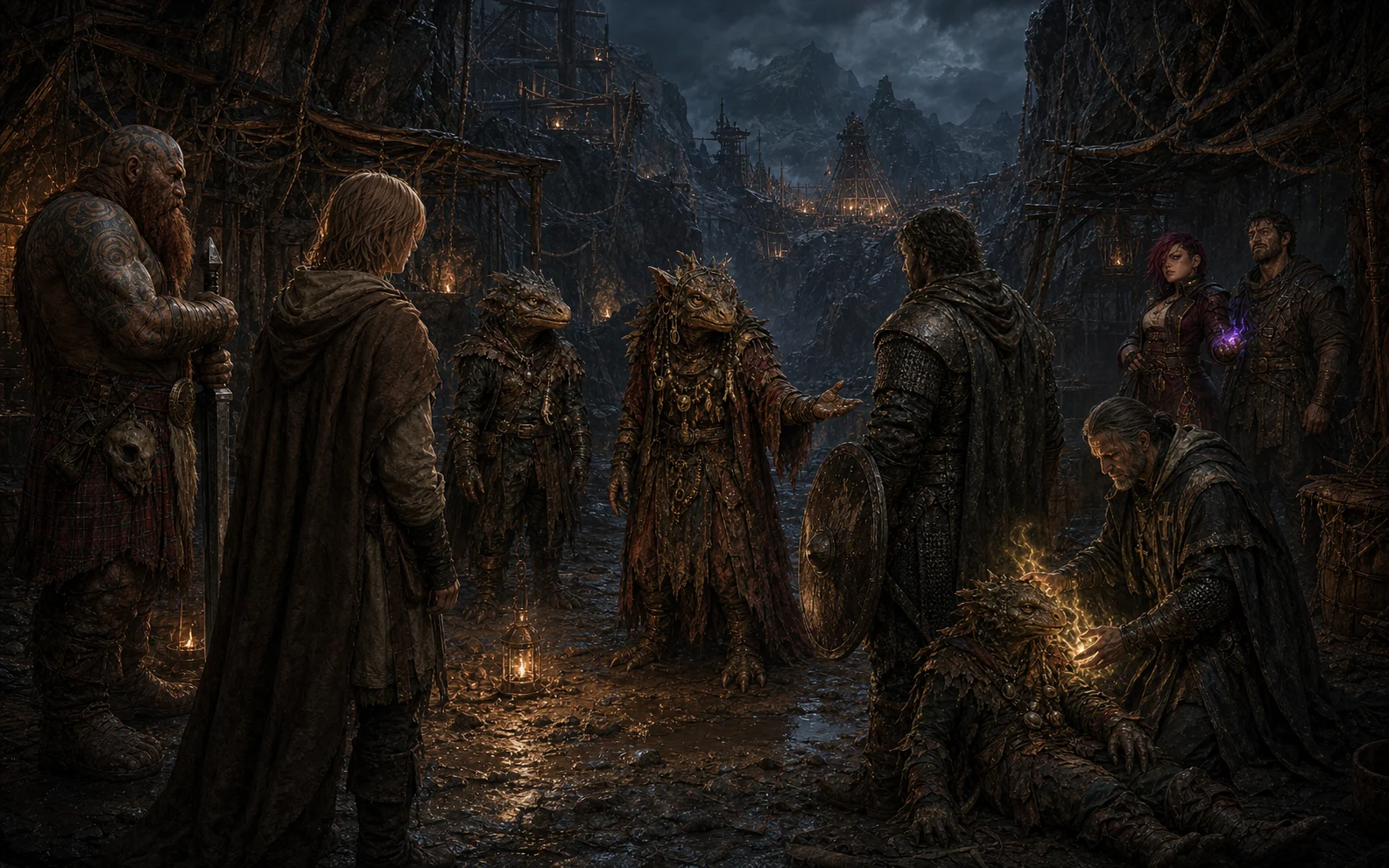 Elder Nakk bargaining with the party while Fazzir heals her injured relative