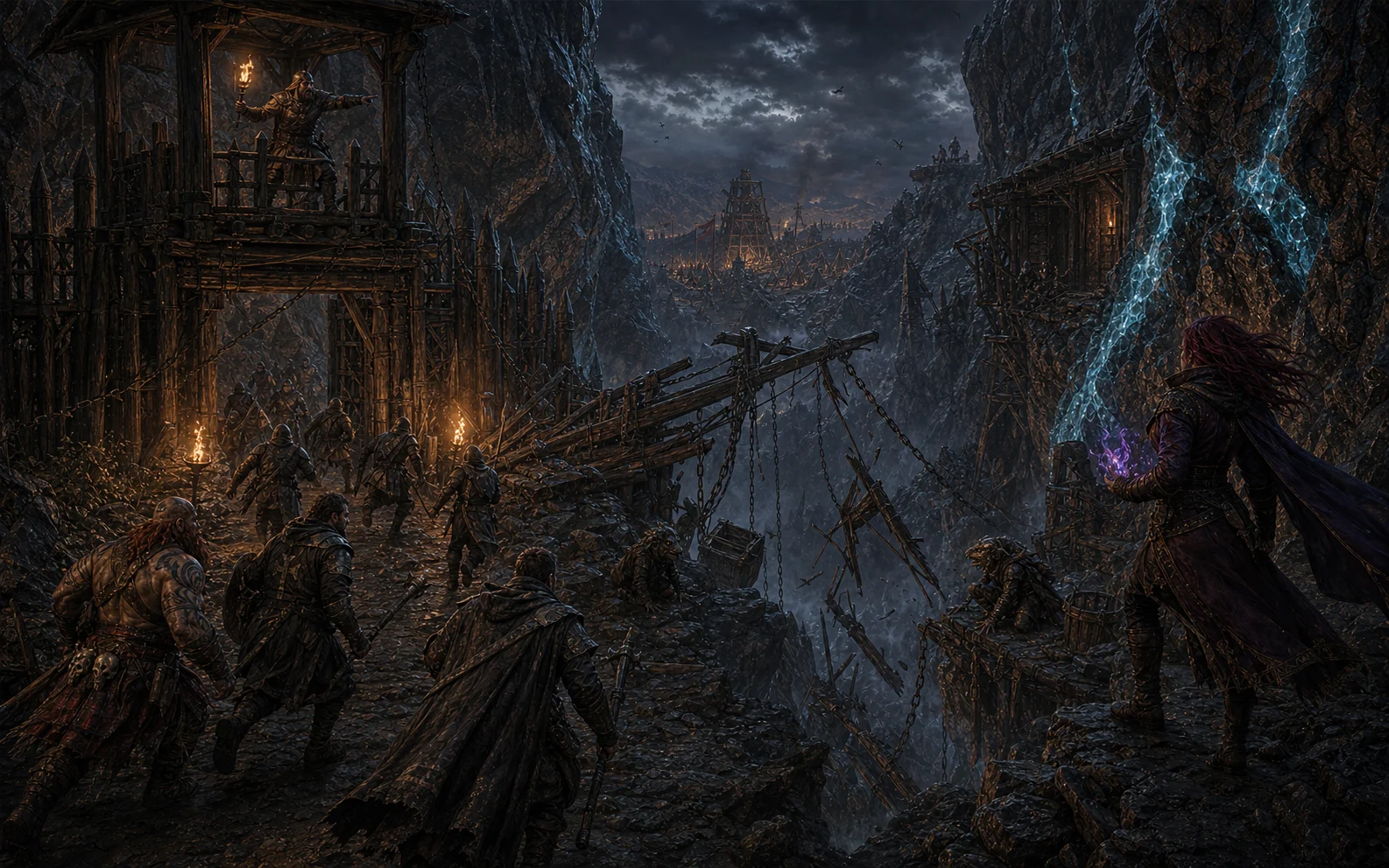 A watchtower guard raising the alarm as the garrison races toward the broken mining crane