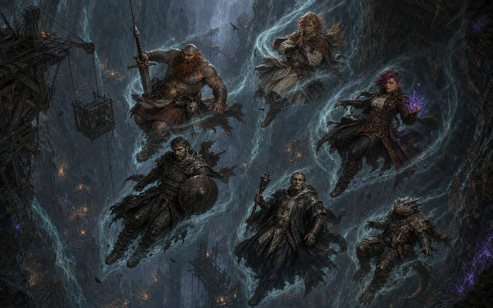 Fit, Harvey, Naomi, Bartho, Fazzir and Kobe descending through the Moonstone chasm under Feather Fall