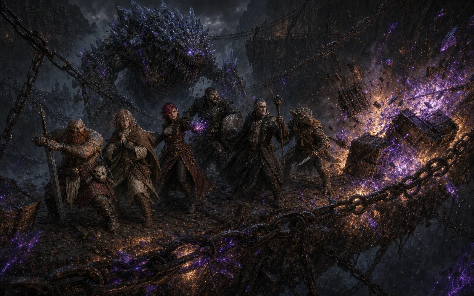 Moonstone crates exploding on the chain bridge as Vekt’s abomination rises behind the six adventurers