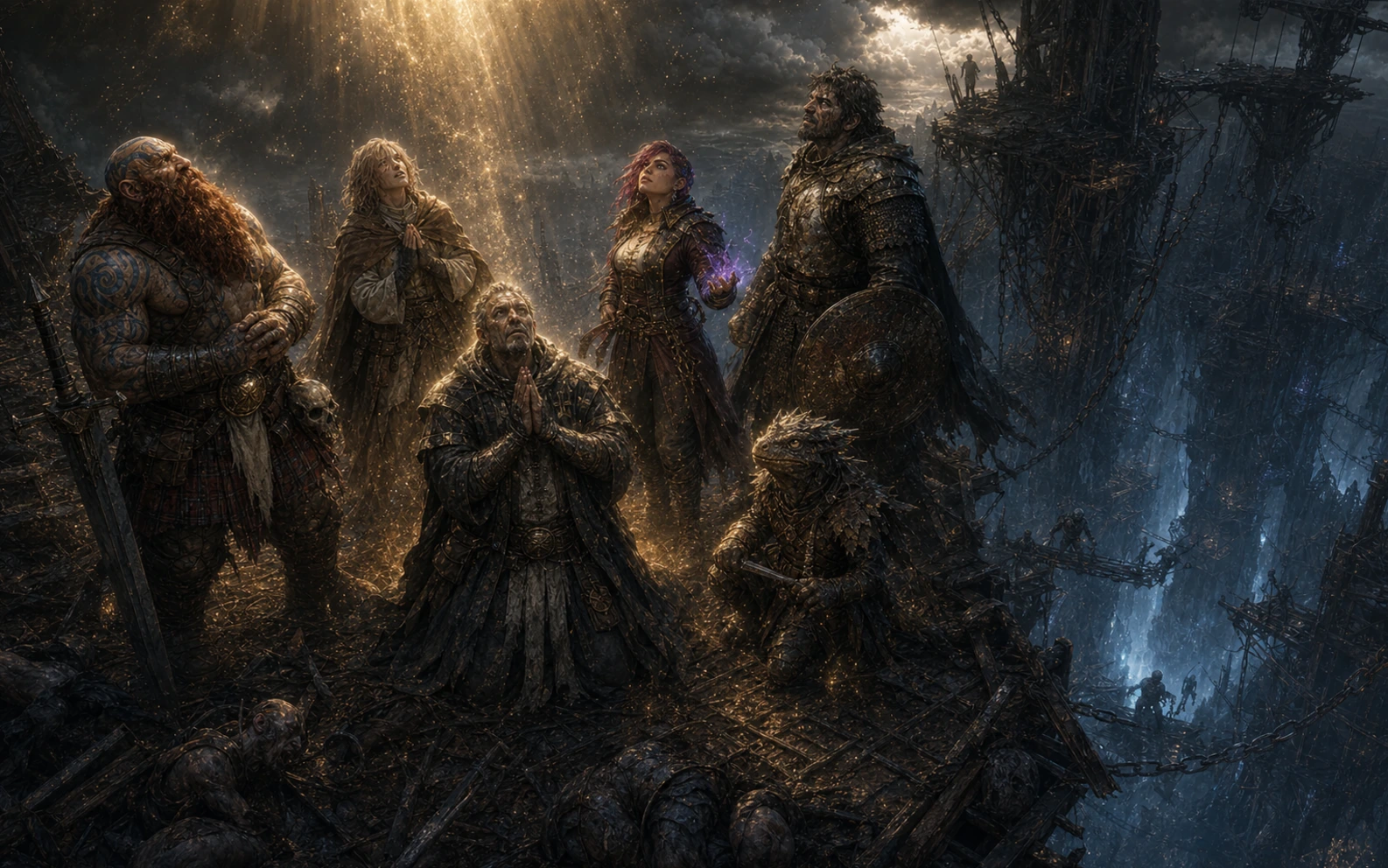Golden divine light restoring the six companions at the rim of the Moonstone abyss