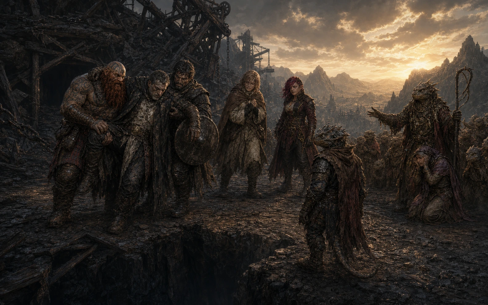 The battered expedition returning to Elder Nakk and the kobolds at dawn as Kobe looks into the now-dark chasm